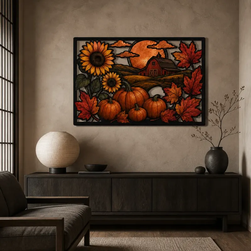 Autumn Pumpkins with Sunflowers by Red Barn Colorful Metal Wall Art