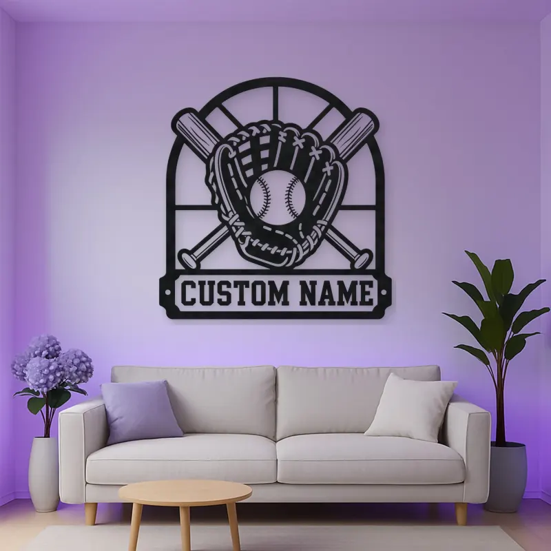 Personalized Baseball Glove Ball and Crossed Bats Metal Wall Art