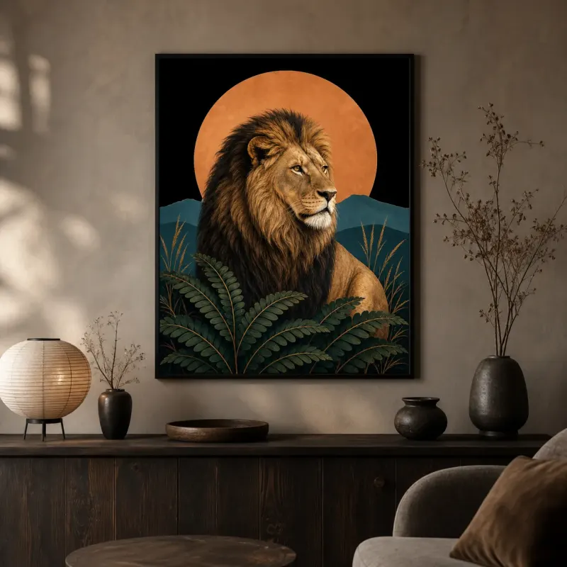 Lion Portrait with Ferns and Copper Sun Colorful Metal Wall Art