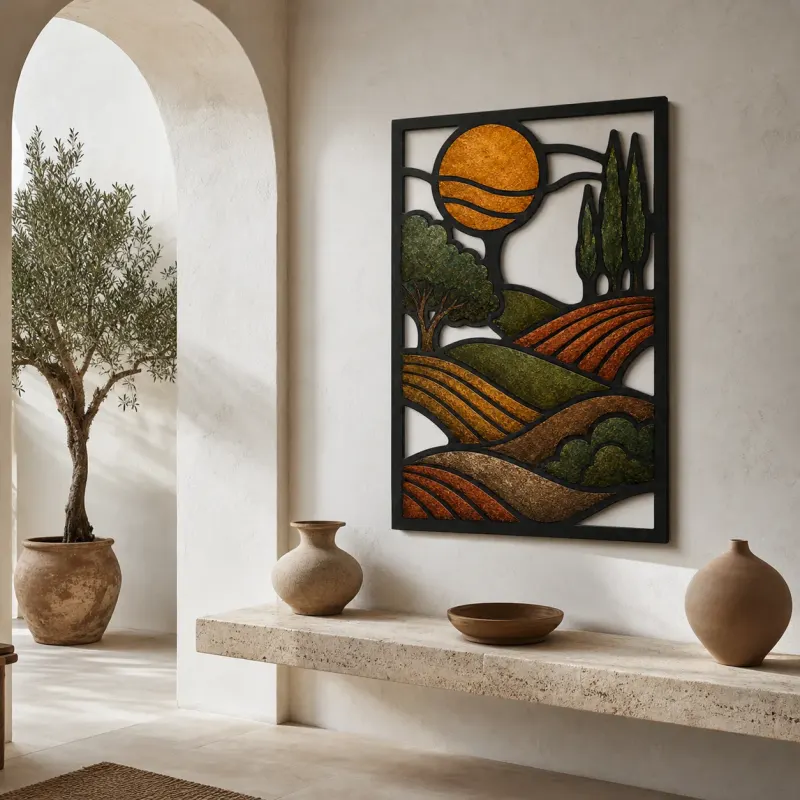 Mid Century Rolling Hills with Golden Sun Colorful Metal Wall Art