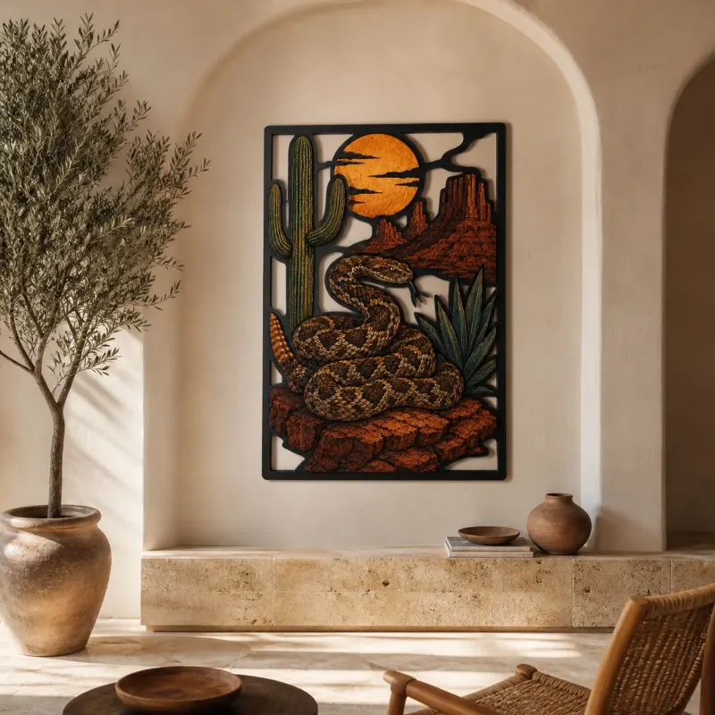 Rattlesnake with Cactus beneath Desert Sunset Colorful Metal Wall Art