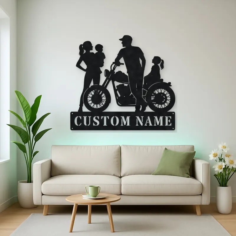 Personalized Motorcycle Family with Seated Daughter Metal Wall Art