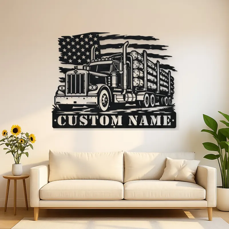 Personalized Logging Semi Truck Metal Wall Art with American Flag