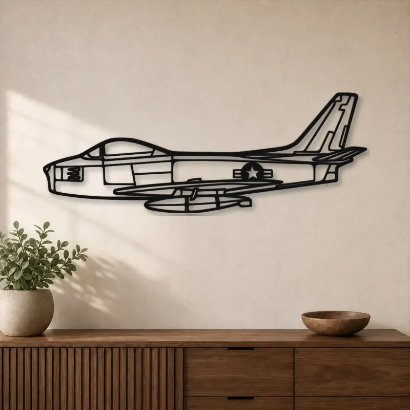 Insegna in metallo silhouette aereo F-86 Sabre, Silhouette di aerei in metallo, Decorazione murale di aviazione, Decorazione per aviatori