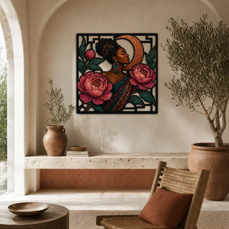 Afro Woman with Pink Peonies and Copper Moon Colorful Metal Wall Art