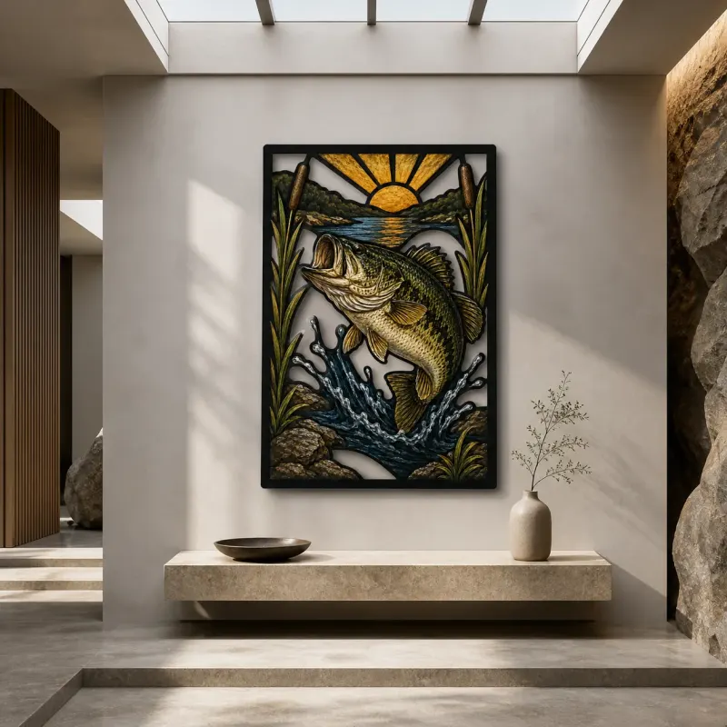 Largemouth Bass Leaping from Lake at Sunrise Colorful Metal Wall Art