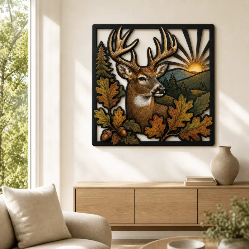 Whitetail Deer with Autumn Oak Leaves and Sunrise Colorful Metal Wall Art
