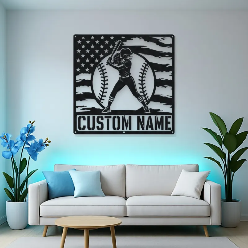 Personalized Female Softball Batter American Flag Metal Wall Art