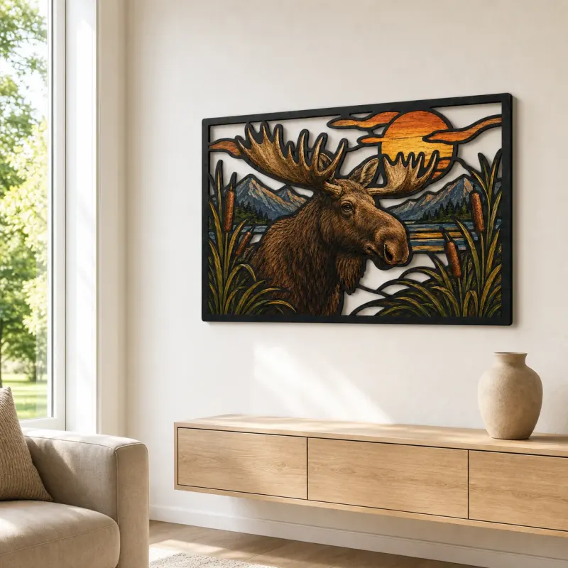 Moose by Mountain Lake at Sunset Colorful Metal Wall Art