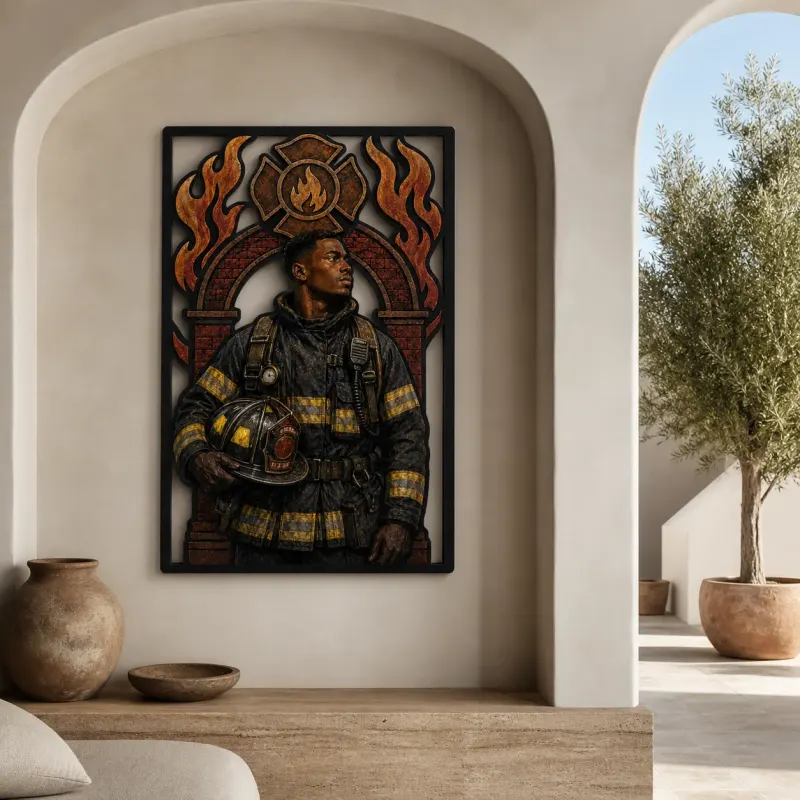 Black Firefighter with Helmet before Flame Emblem Colorful Metal Wall Art