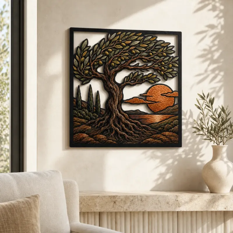 Windblown Olive Tree over Coastal Sunset Colorful Metal Wall Art