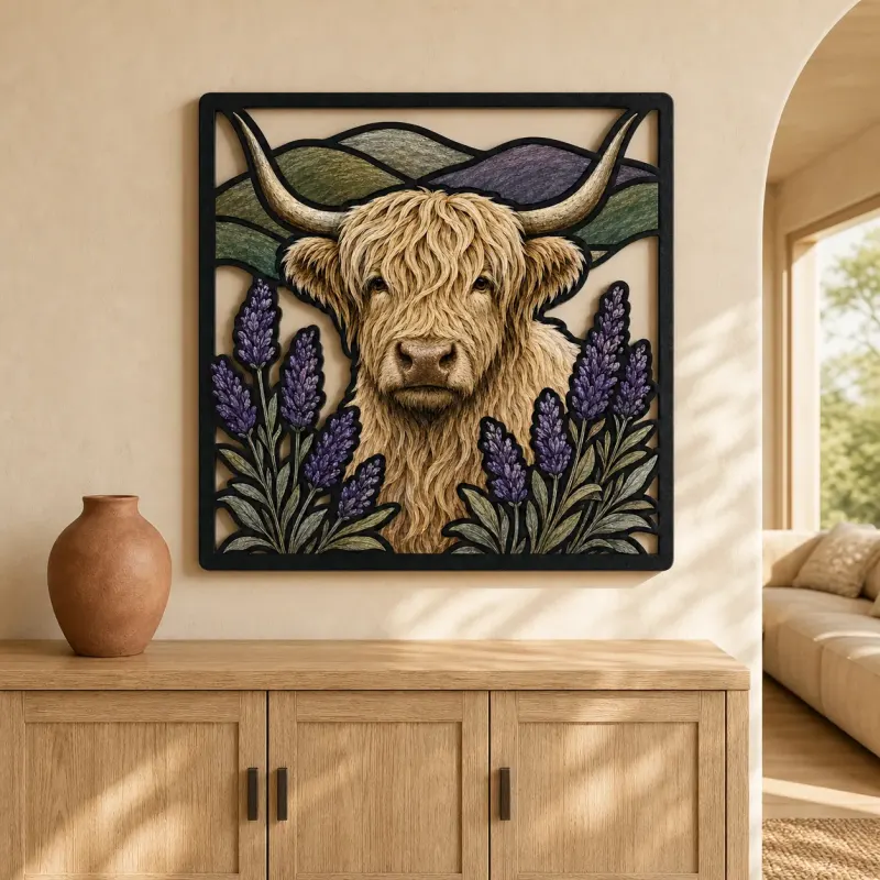 White Highland Cow with Lavender and Mountains Colorful Metal Wall Art