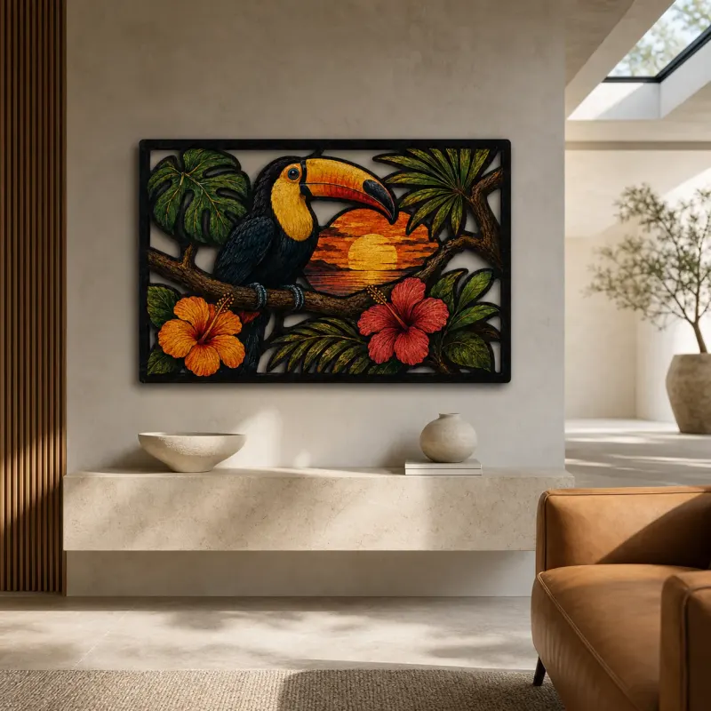 Toucan with Tropical Hibiscus at Sunset Colorful Metal Wall Art