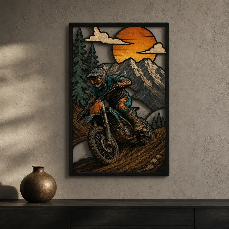 Motocross Rider Climbing a Forest Trail Colorful Metal Wall Art