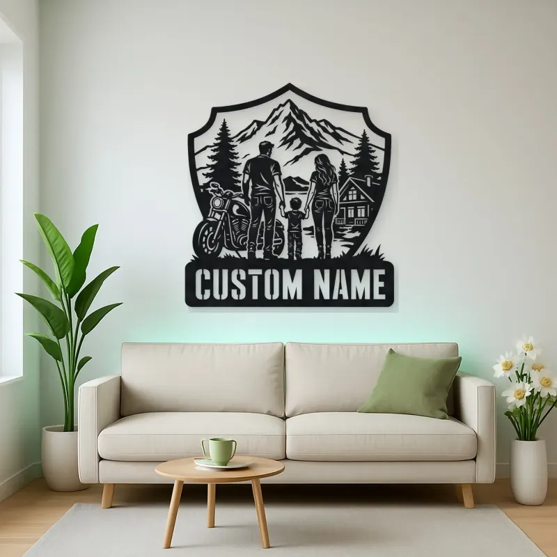 Personalized Family of Three Motorcycle Mountain Cabin Metal Wall Art