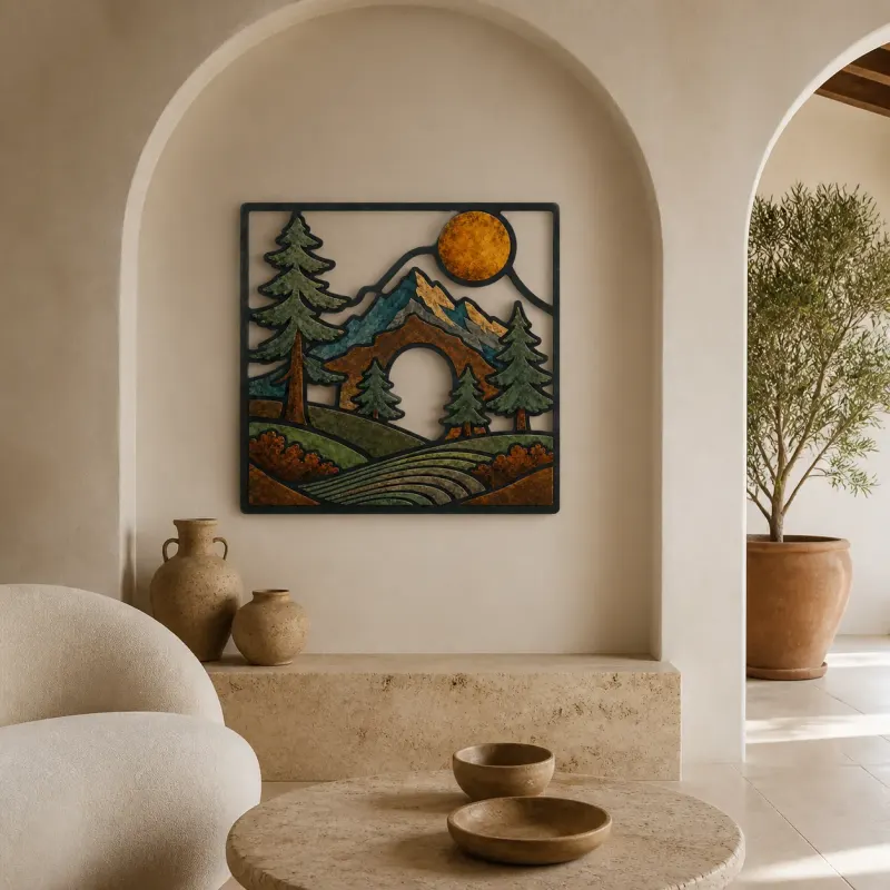 Mid Century Mountain Forest with Full Moon Colorful Metal Wall Art