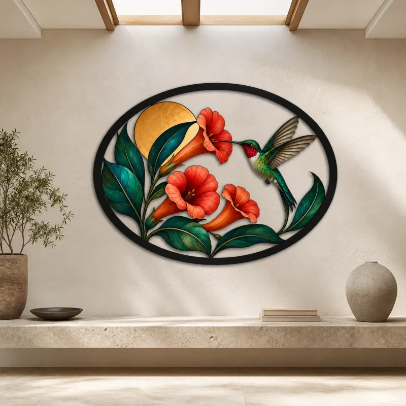Hummingbird with Orange Trumpet Vine Flowers Colorful Metal Wall Art