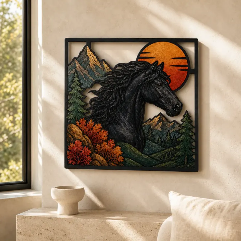 Black Horse with Mountains and Copper Sunset Colorful Metal Wall Art
