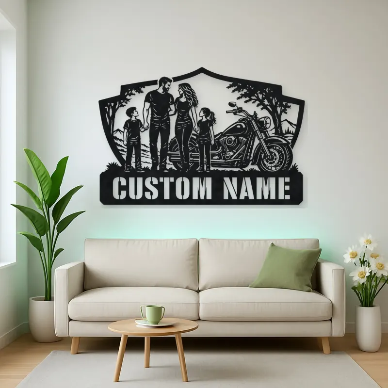 Personalized Family of Four Cruiser Motorcycle Metal Wall Art