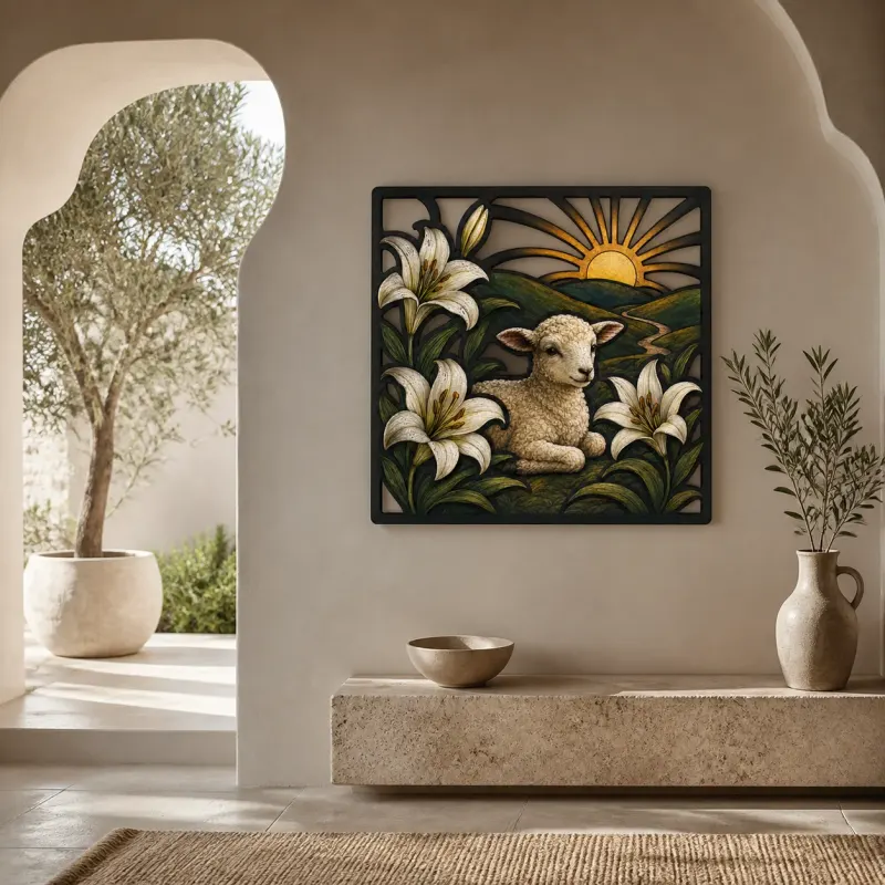 Spring Lamb with White Lilies at Sunrise Colorful Metal Wall Art