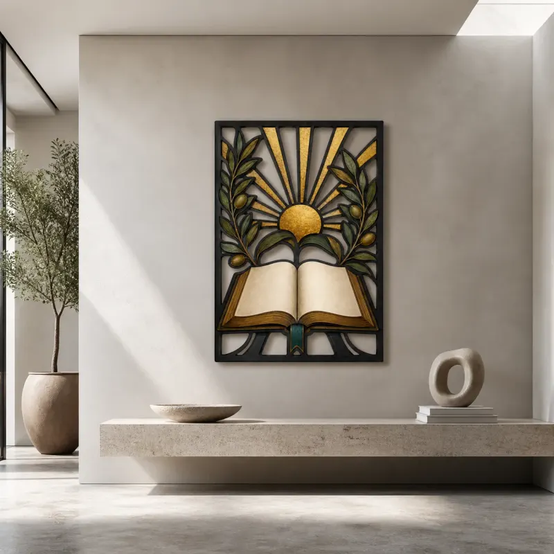 Open Bible with Olive Branches and Radiant Sun Colorful Metal Wall Art