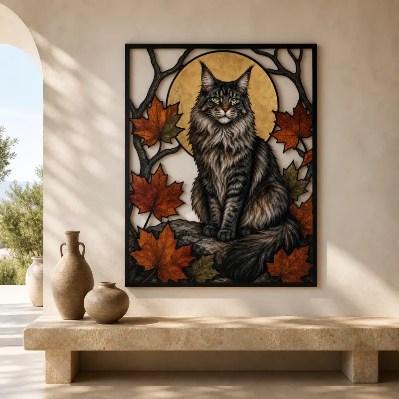 Maine Coon Cat with Autumn Leaves and Moon Colorful Metal Wall Art