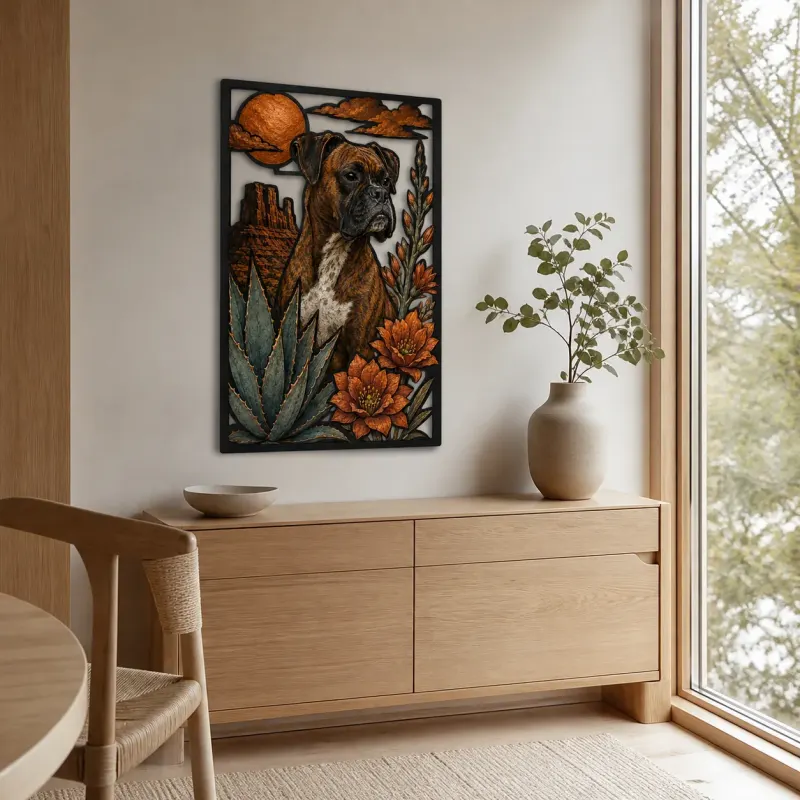 Boxer Dog with Desert Agave and Sunset Colorful Metal Wall Art
