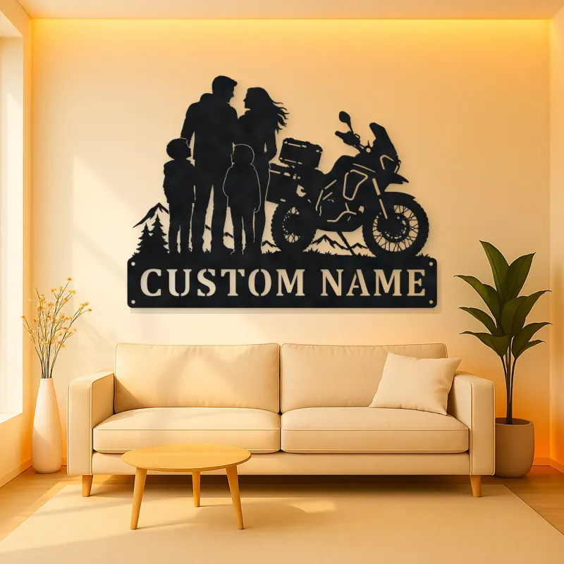 Personalized Adventure Motorcycle Mountain Family Metal Wall Art