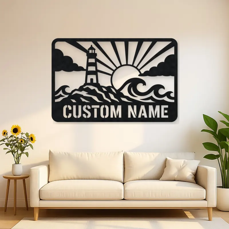 Personalized Lighthouse Metal Wall Art with Ocean Waves
