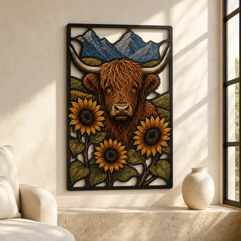 Highland Cow with Sunflowers and Mountain Landscape Colorful Metal Wall Art