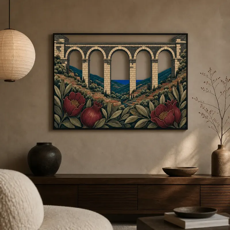 Historic Stone Aqueduct with Peonies and Mountain View Colorful Metal Wall Art