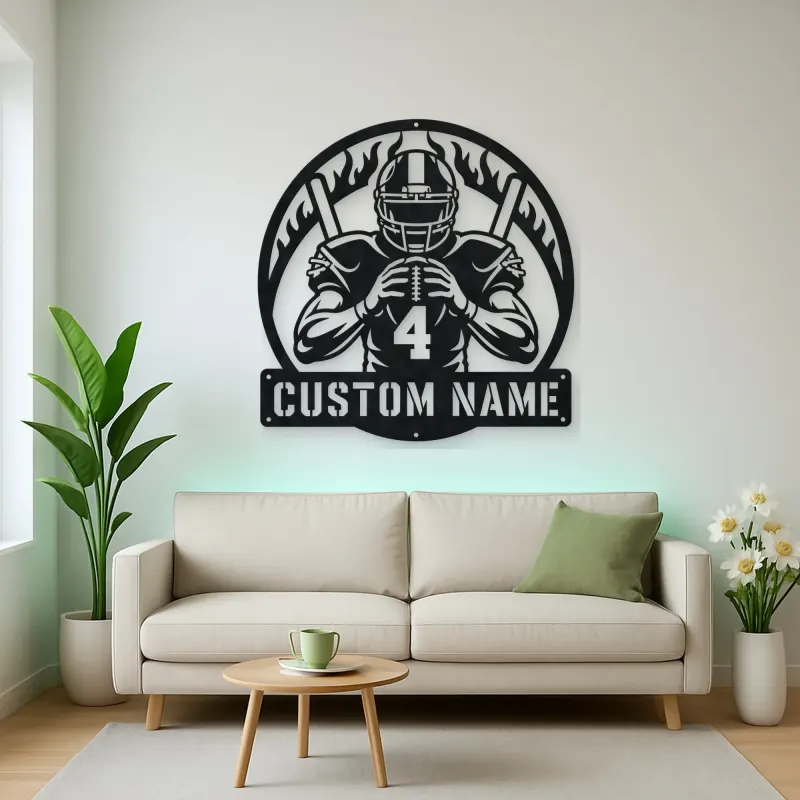 Personalized Number 4 Football Player Flame Metal Wall Art