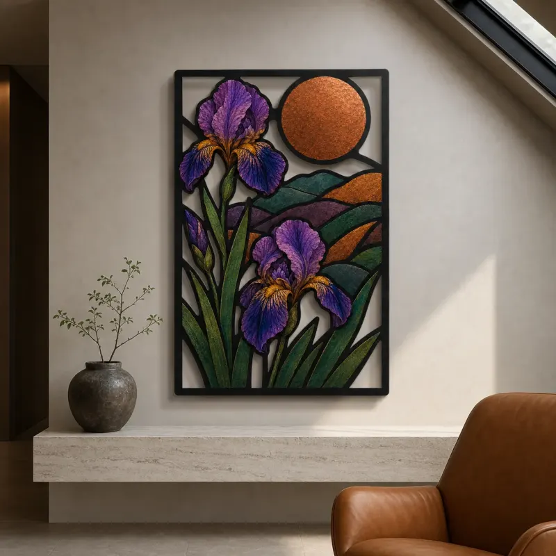 Purple Iris Flowers in Mountain Landscape Colorful Metal Wall Art