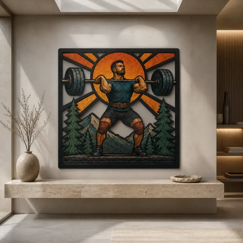 Weightlifter Pressing Barbell in Mountain Gym Colorful Metal Wall Art