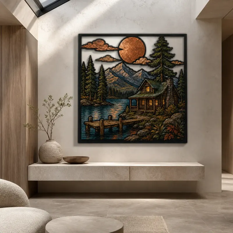 Rustic Log Cabin on Mountain Lake at Sunset Colorful Metal Wall Art