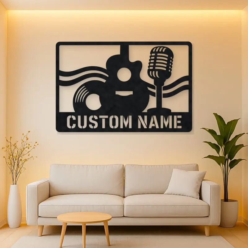 Personalized Vinyl Record Metal Wall Art with Vintage Microphone