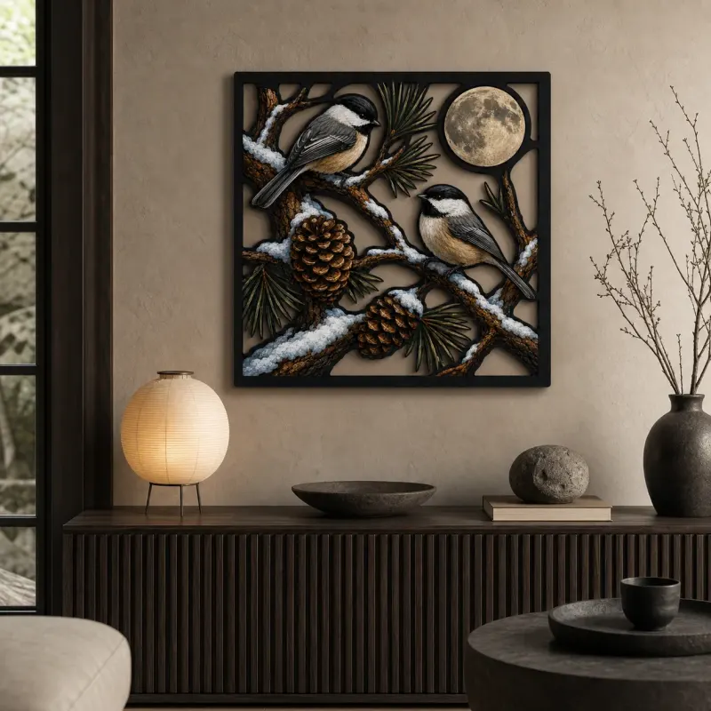 Chickadee Pair on Snowy Pine beneath Full Moon Colorful Metal Wall Art