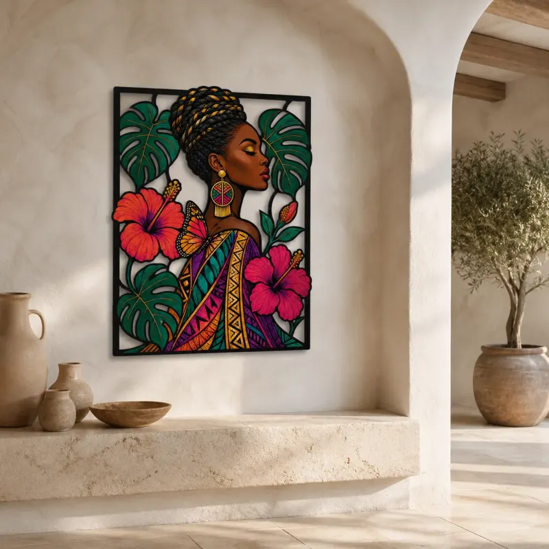 Afro Woman with Tropical Hibiscus and Butterflies Colorful Metal Wall Art
