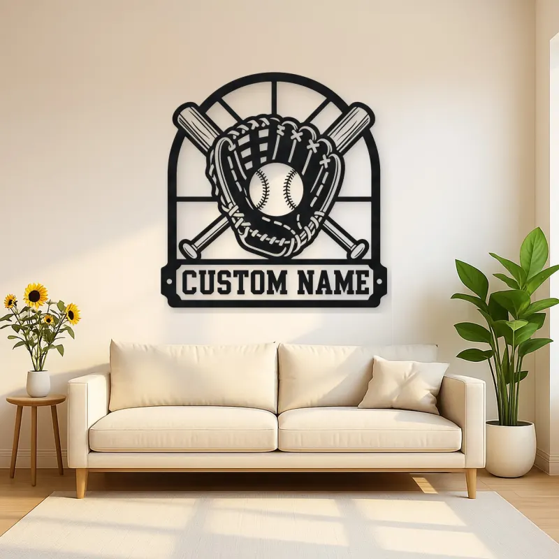 Personalized Baseball Glove Ball and Crossed Bats Metal Wall Art