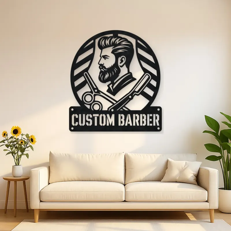 Personalized Barber Metal Wall Art with Scissors and Razor