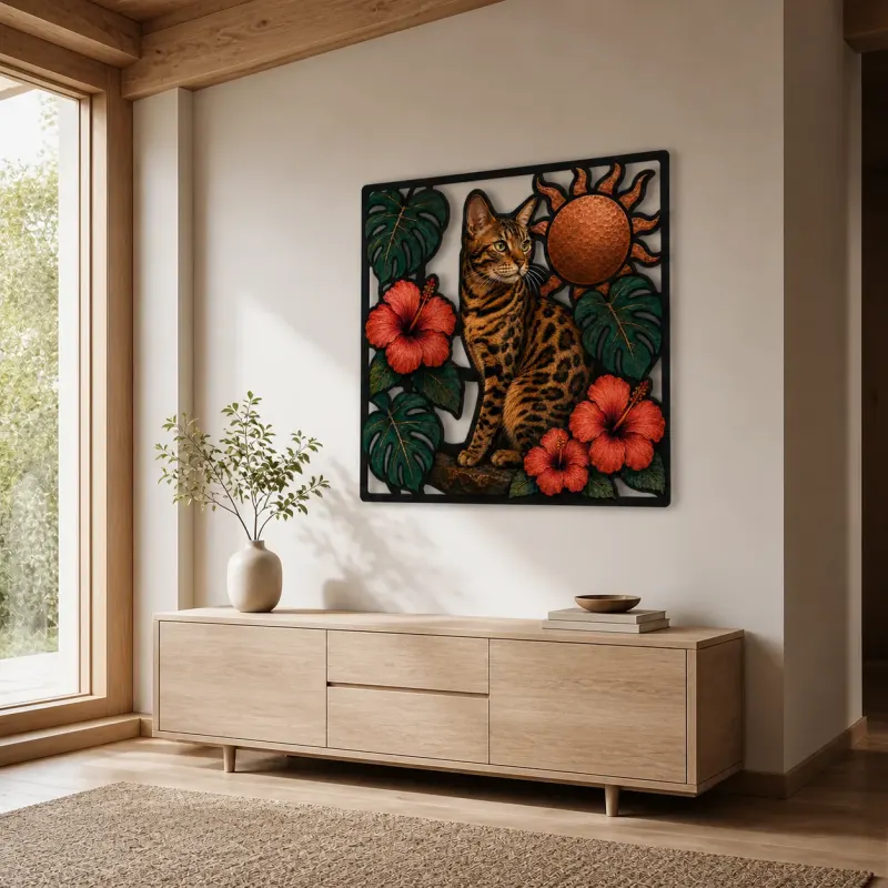 Bengal Cat with Tropical Hibiscus and Sun Colorful Metal Wall Art