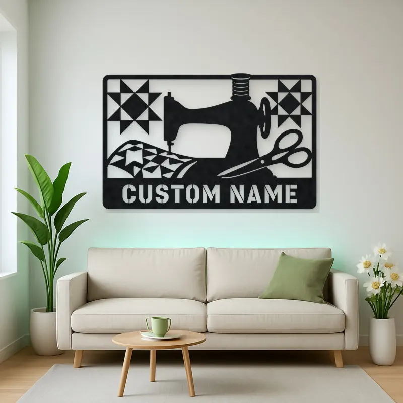 Personalized Sewing Machine Metal Wall Art with Quilt Details