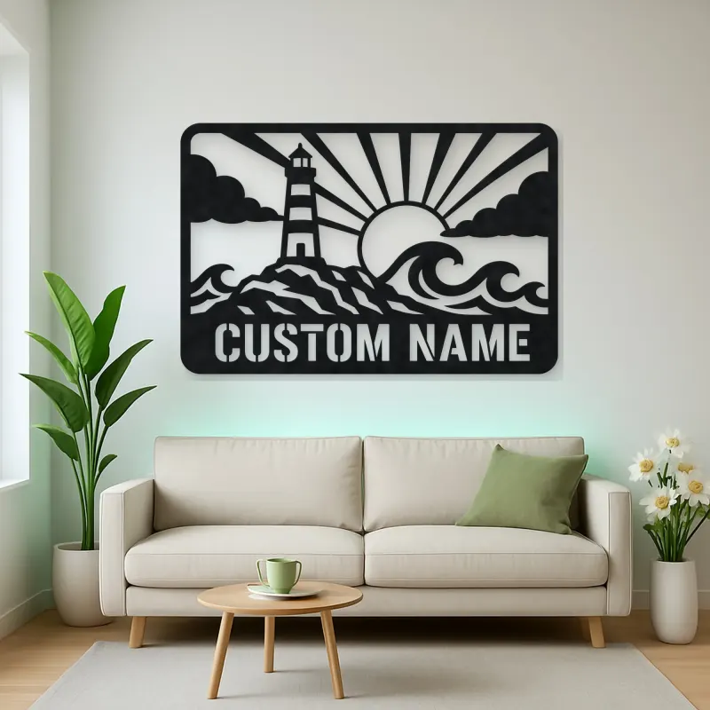 Personalized Lighthouse Metal Wall Art with Ocean Waves