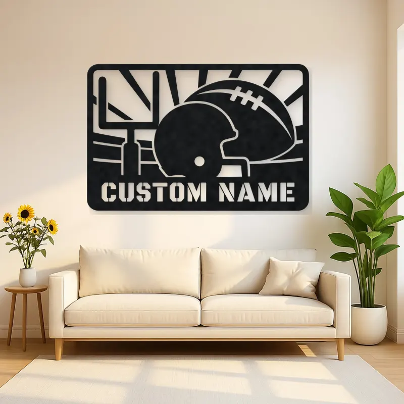 Personalized Football Helmet Metal Wall Art with Goalposts