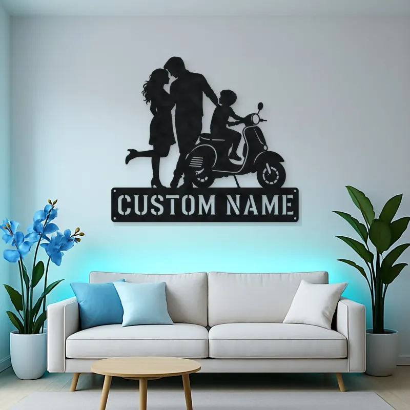 Personalized Scooter Family with Young Rider Metal Wall Art