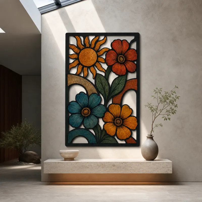 Mid Century Retro Flowers with Radiant Sun Colorful Metal Wall Art