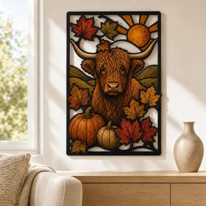 Highland Cow with Pumpkins and Autumn Leaves Colorful Metal Wall Art