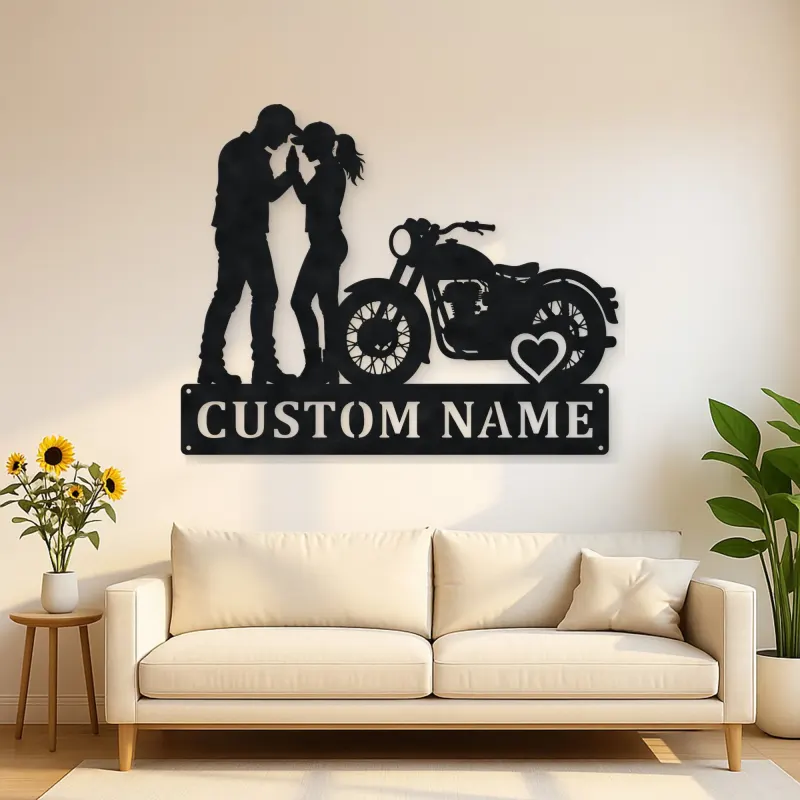 Personalized Vintage Motorcycle Couple Metal Wall Art with Heart