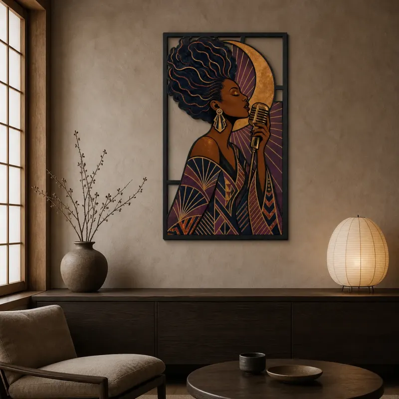 Afro Jazz Singer with Vintage Microphone and Copper Moon Colorful Metal Wall Art