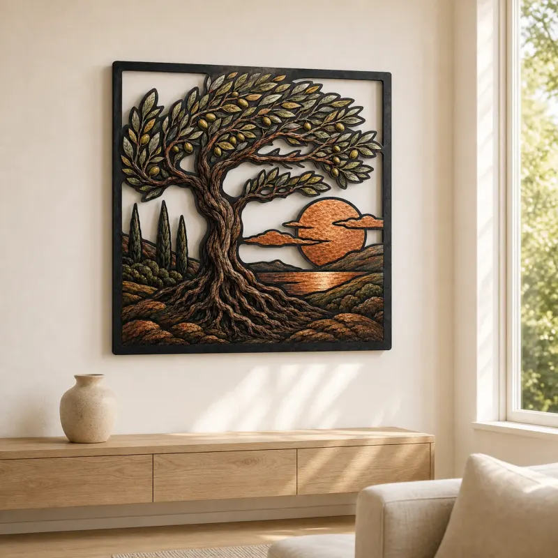 Windblown Olive Tree over Coastal Sunset Colorful Metal Wall Art